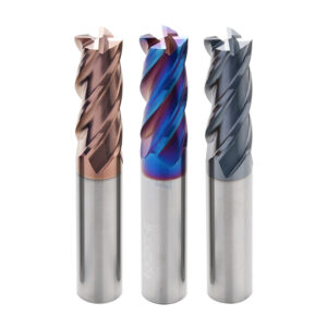 Carbide flat end mills with 4 flutes for steel machining, available in HRC55, HRC60, and HRC65